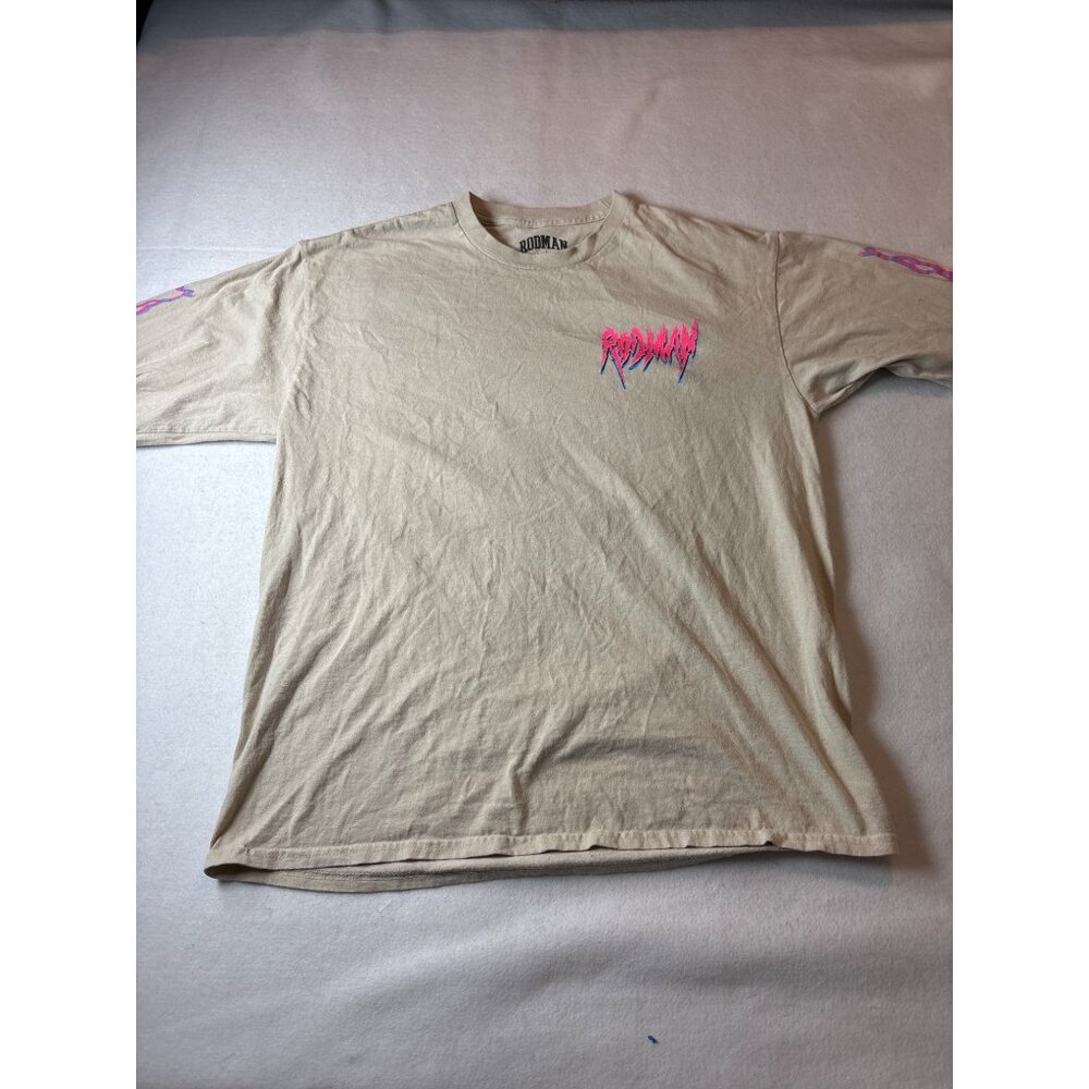 Rodman Beige Graphic T-Shirt With Neon Pink Logo Cotton Mens Size L